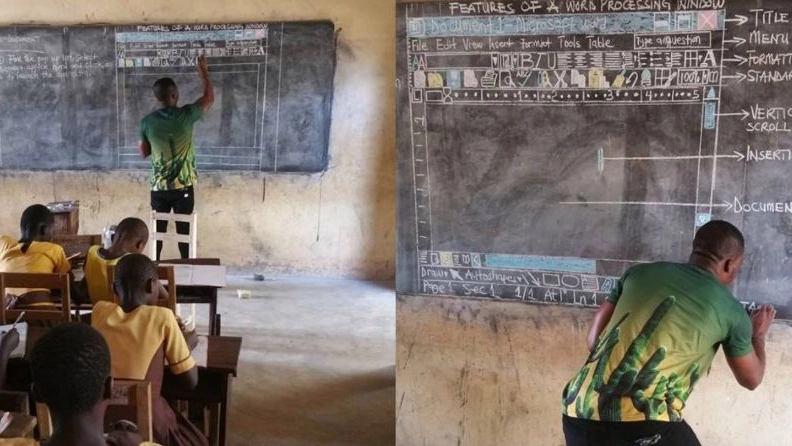 Il professore del Ghana che insegna informatica disegnando un computer alla lavagna