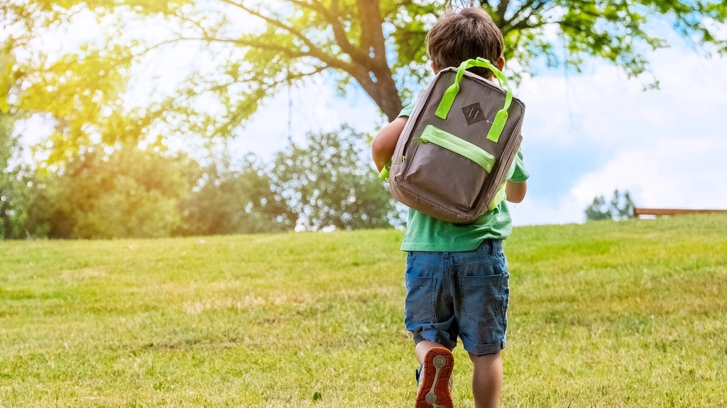 Little boy carrying a backpack walking back to school