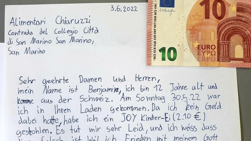 La lettera di scuse di Benjamin con allegati 10 euro