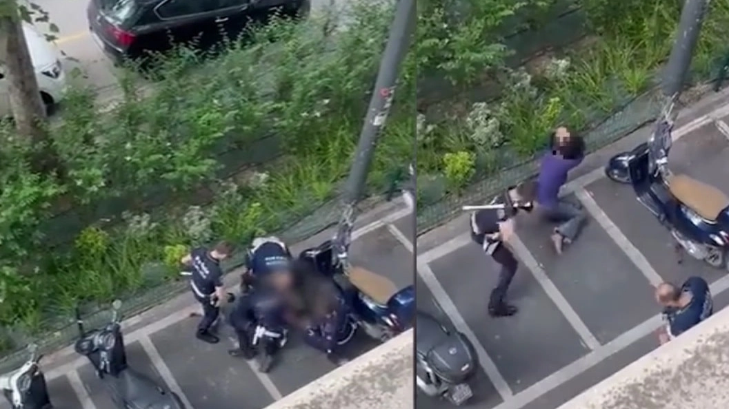 Nel montaggio due frame del video girato da un balcone durante il “fermo“ di una transessuale da parte di quattro agenti della polizia locale di Milano
