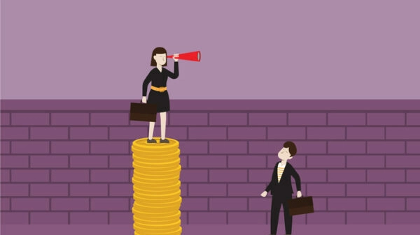 Businesswoman with a telescope stands on a stack of the coin for looking over the wall