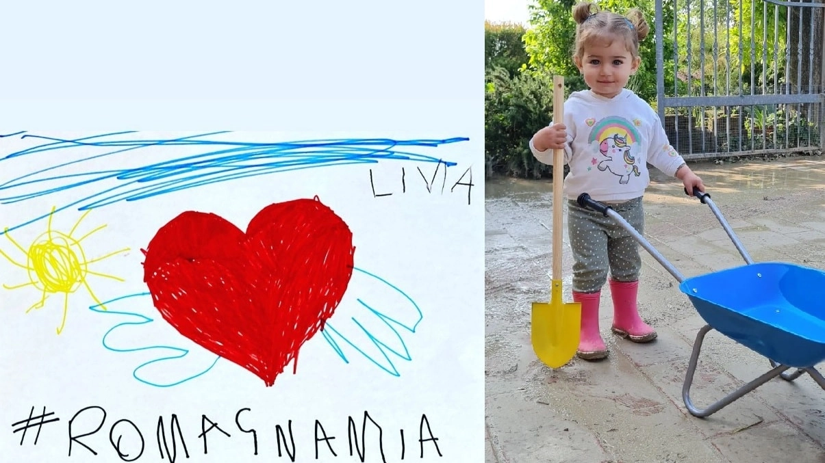 Alluvione e bambini: a sinistra il disegno 'Con le ali al cuore… il sole splende sempre' postato da Livia Bresci', a destra la piccola Emma nel post di Martina Tossani