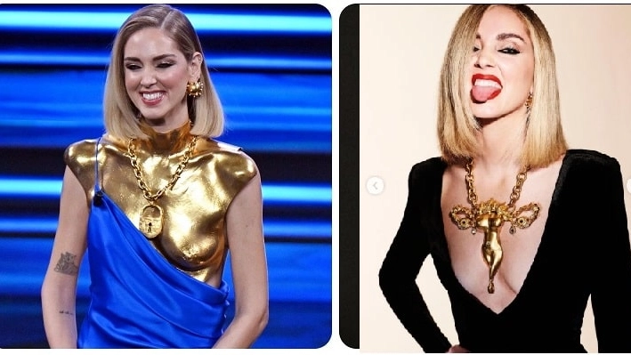 Due dei look 'parlanti' diChiara Ferragni (35 anni) sul palco di Sanremo 2023 l'ultima serata di Festival