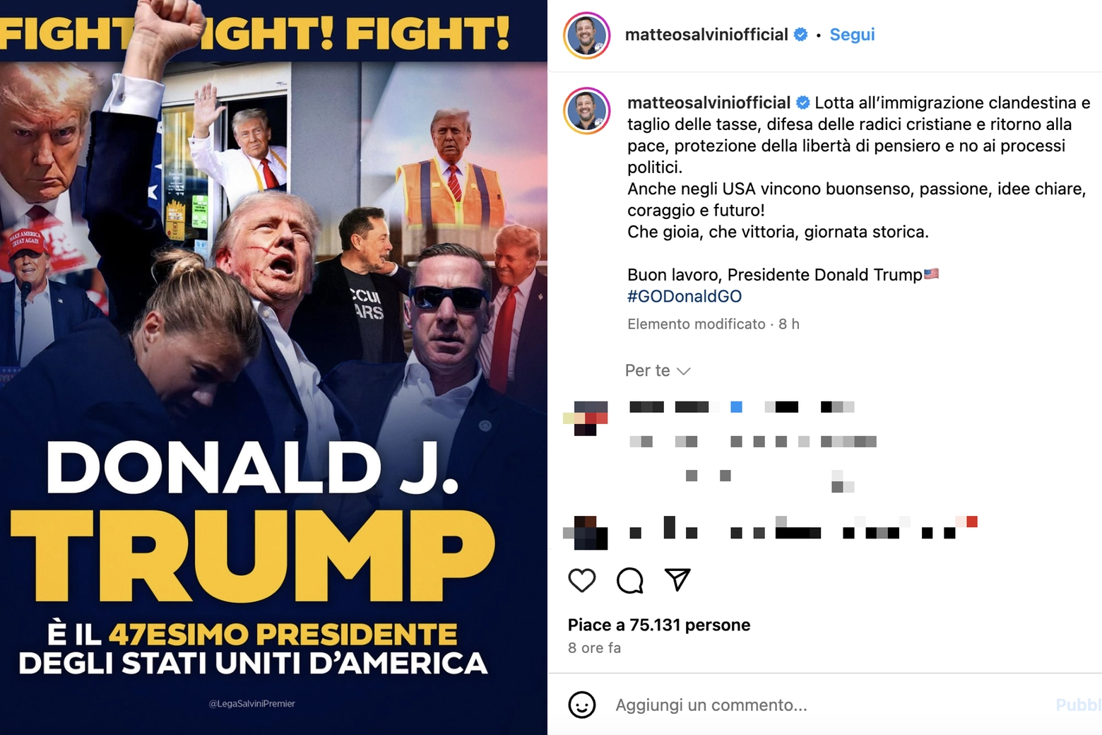 La reazione social di Matteo Salvini all'elezione di Donald Trump