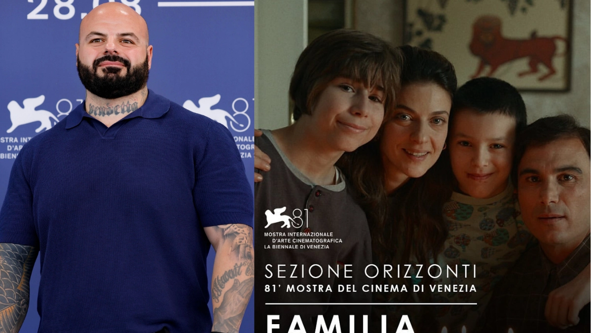 A sinistra Luigi Celeste alla Mostra del Cinema di Venezia (Ansa), a destra la locandina del film "Familia" di Francesco Costabile