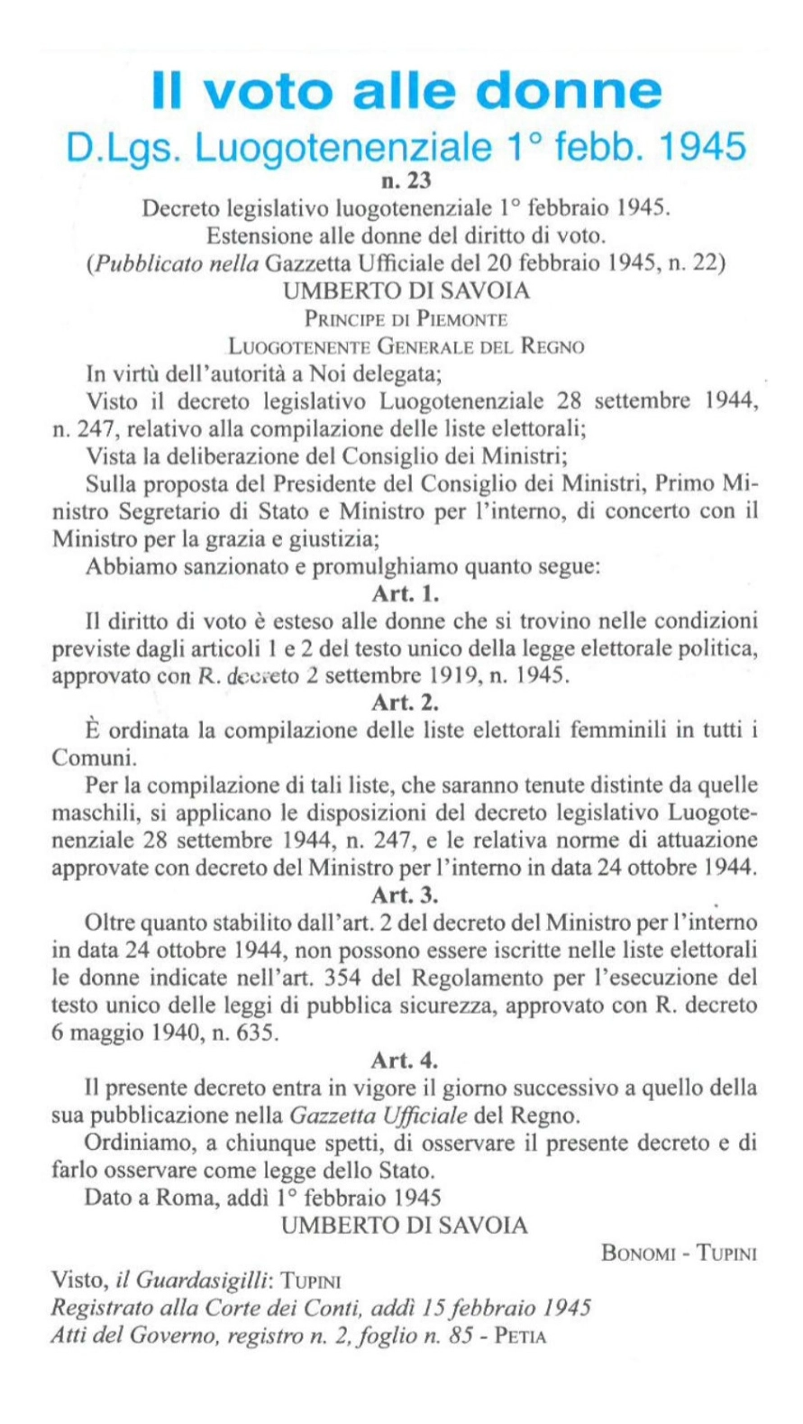 Copia del Decreto legislativo luogotenenziale del 1 febbraio 1945