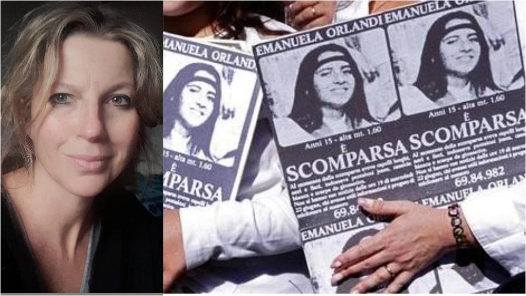 Anna Cherubini e alcuni manifesti per la scomparsa di Emanuela Orlandi, avvenuta il 22 giugno 1983