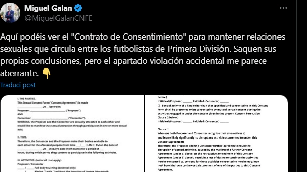 A rivelarne l’esistenza, con una foto sui social, è stato Miguel Galan, presidente della Scuola allenatori spagnola. All’interno ci sarebbe una clausola di “stupro accidentale“ che fa tremare i polsi