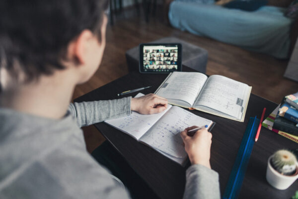 E-Learning from home. Teenage boy studying from home