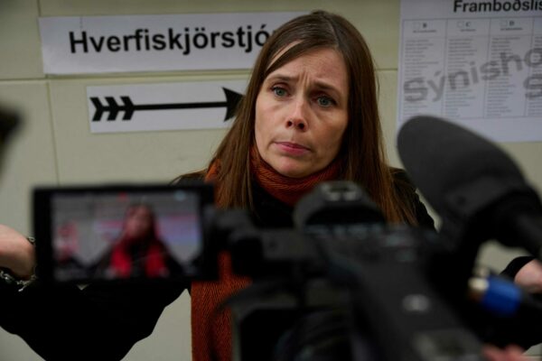 Iceland's Prime minister Katrín Jakobsdottir and top candidate of the Left Green Movement speaks to the media at a polling station in Iceland's capital Reykjavik on September 25, 2021, during the country's parliamentary elections to elect members of the Althing. (Photo by Halldor KOLBEINS / AFP)