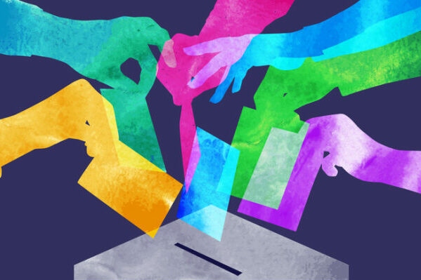Colourful overlapping silhouettes of hands voting in watercolour texture