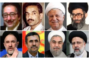 Gli otto presidenti dell'Iran dal 1980 al 2022: in alto da sinistra Abolhassan Banisadr, Mohammad Ali Rajai, Ali Khamenei, Akbar Hashemi Rafsanjani, Mohammad Khatami, Mahmud Ahmadinejad, Hassan Rouhani e Ebrahim Raisi