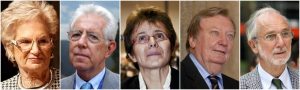 I senatori a vita da sinistra: Liliana Segre, Mario Monti, Elena Cattaneo, Carlo Rubbia e Renzo Piano 