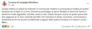 Il post sul profilo Facebook del Comune di Campiglia Marittima (Livorno)