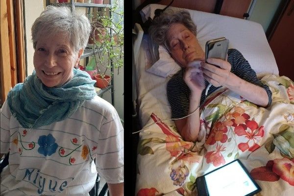 Anna Milazzo (74 anni), quando poteva muoversi e oggi, in un letto antidecubito motorizzato dell’Asl sistemato nel salotto della sua casa a Campi Bisenzio (Firenze) perché affetta da tetraplegia incompleta postoperatoria