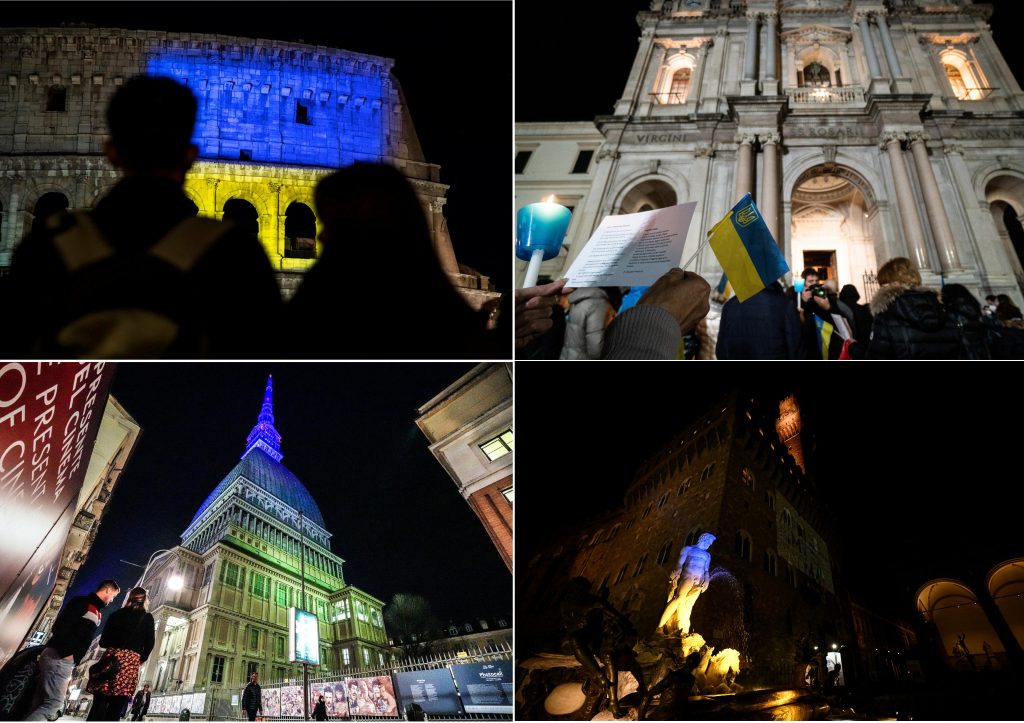 Nella foto il Colosseo a Roma, il Biancone a Firenze, la Mole Antonelliana a Torino e il Santuario di Pompei a Napoli illuminati con i colori dell’Ucraina