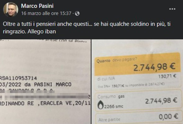 Don Mirco Pasini pubblica su Facebook la bolletta del gas ricevuta dalla sua parrocchia