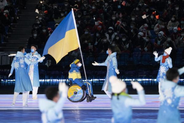 epa09800748 Members of team Ukraine attend the Opening Ceremony of the Beijing 2022 Paralympic Winter Games at National Stadium, also known as Bird's Nest, in Beijing, China, 04 March 2022.  EPA/ENNIO LEANZA