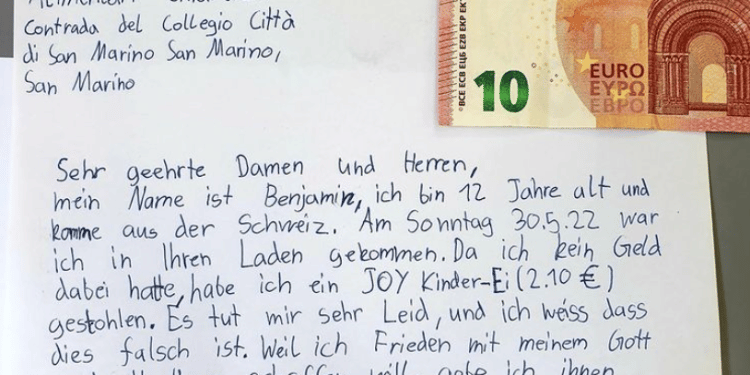 La lettera di scuse di Benjamin con allegati 10 euro