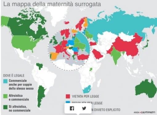 La mappa mondiale degli Stati dove è consentita e vietata la maternità surrogata (Infografica Ansa / Centimetri)