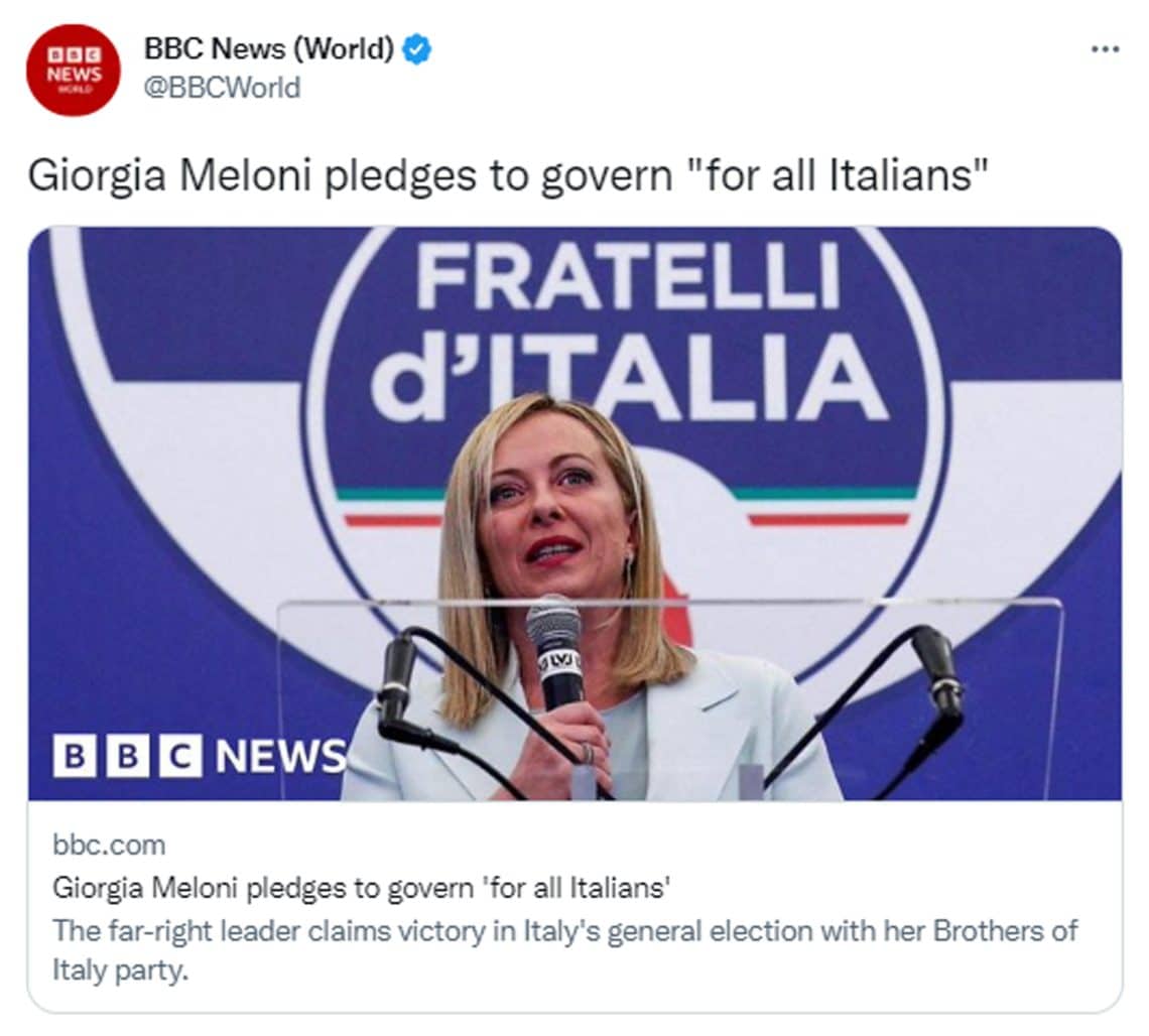 Giorgia Meloni (45 anni) è una politica italiana, presidente di Fratelli d’Italia. Dal 22 ottobre 2022 è Presidente del Consiglio dei ministri della Repubblica Italiana, prima donna a ricoprire tale carica