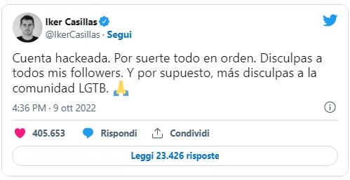 “Spero mi rispetterete: sono gay”, è questo il contenuto del tweet condiviso alle 14.10 di domenica 9 ottobre dal calciatore spagnolo Iker Casillas