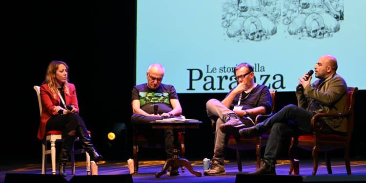 Lucca Comics 2022, l'incontro tra Roberto Saviano, Tito Faraci, Tanino Liberatore e la direttrice Agnese Pini (Foto Alcide)