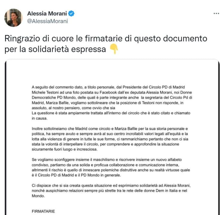 Il Tweet del l’ex sottosegretaria al Mise ed ex deputata Pd del Pesarese Alessia Morani