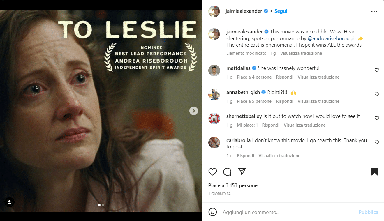 Il post dell'attrice Jaimie Alexander a sostegno del film "To Leslie"