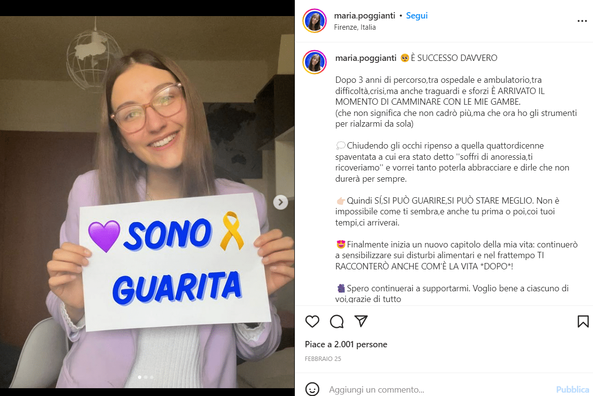 L'influencer Maria Poggianti annuncia di essere guarita