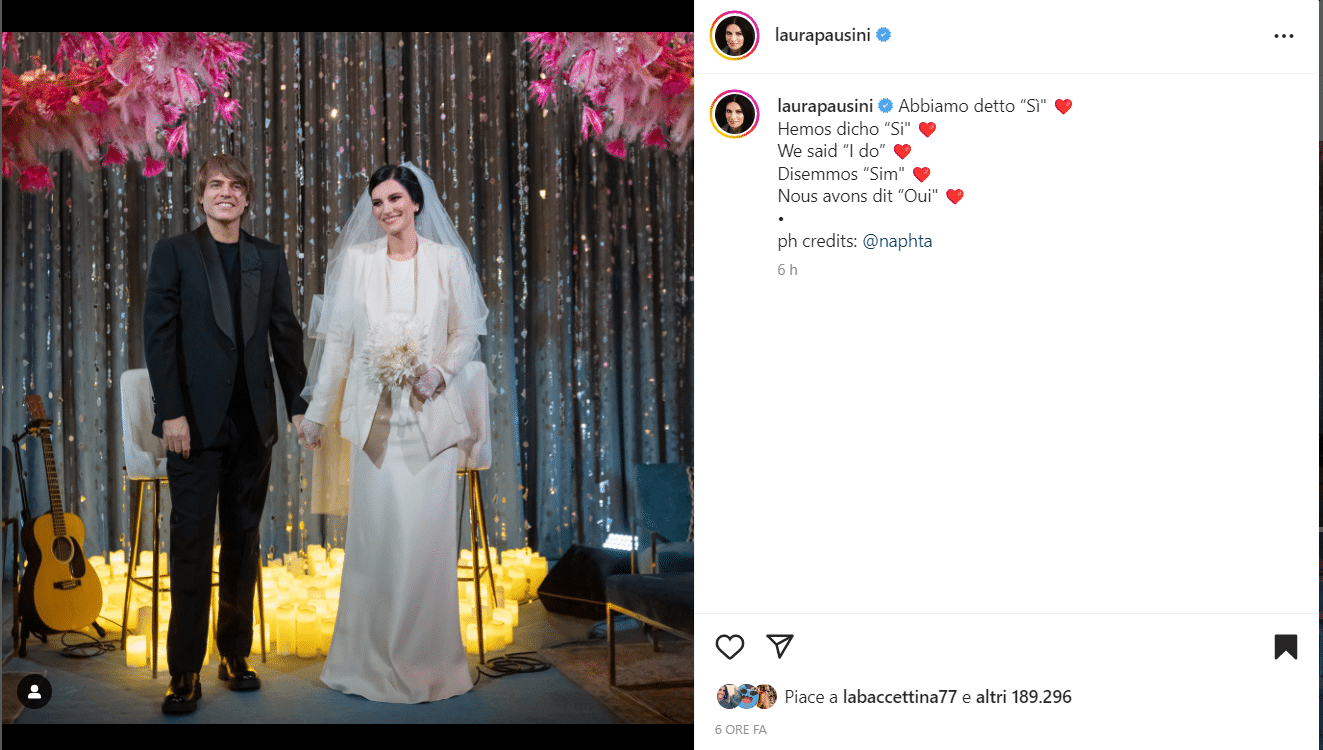 Il post con cui Laura Pausini ha svelato le nozze